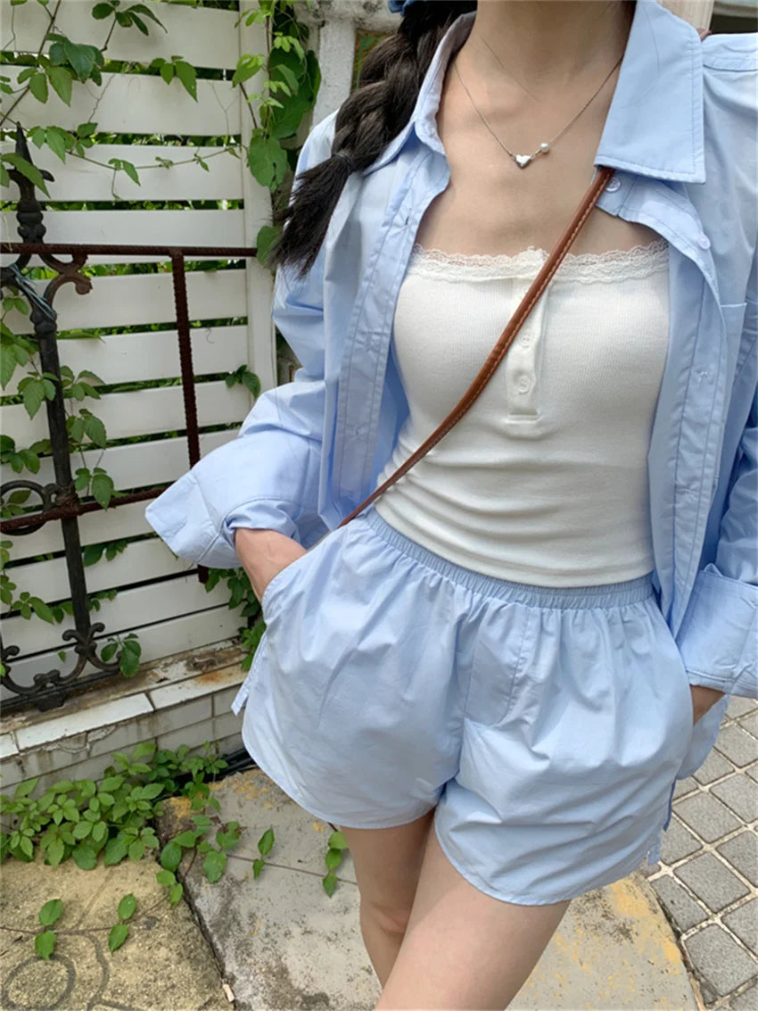 LIZAKOSHT  -  Office Lady Women Two Pieces Suits New Loose Vacation Shirts Summer Chic Slim Casual Shorts 2024 High Street Sets