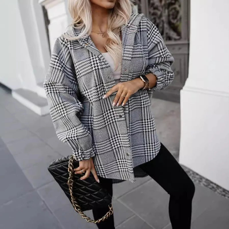 LIZAKOSHT  -  Winter Fashion Thousand Bird Grid Hooded Coat Casual Streetwear Long Sleeve Cardigan Office Vintage Single Breasted Loose Jacket