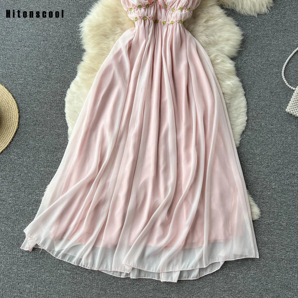 LIZAKOSHT -  Temperament Sweet V-Neck Pleated 100 Pleated Chiffon Dress Women's Summer Gentle and Fashionable Holiday Fairy Dress