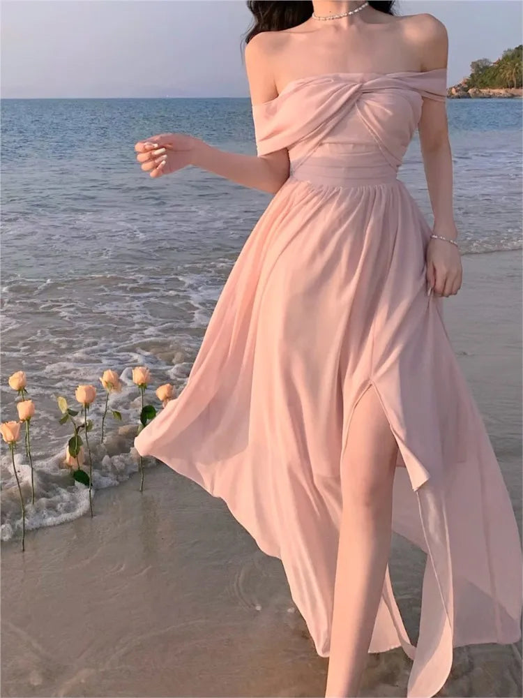 LIZAKOSHT  -  France Elegant Backless Chiffon Beach Dresses Korean Chic A-line Pink Fairy Dress Summer Casual Vocation Party Club Vestidos