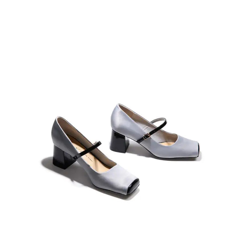 LIZAKOSHT  -  Square Toe High Heels,Women Pumps,Spring Office Work Shoes,Shallow Out,Front Buckle Strap,Grey,Pink,34-39,