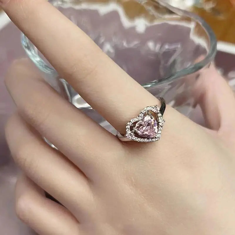 Lizakosht Y2K Pink Crystal Double Heart Ring Vintage Shiny Zircon Opal Love Open Ring for Women Girl Engaged Wedding Jewelry Gifts