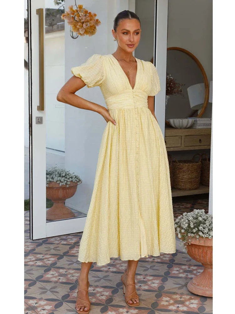 LIZAKOSHT  V-neck Yellow Puff Sleeve Split Solid Summer Women Dress 2024 A-line Maxi Long Sundress Vestido Button Beach Dress Party