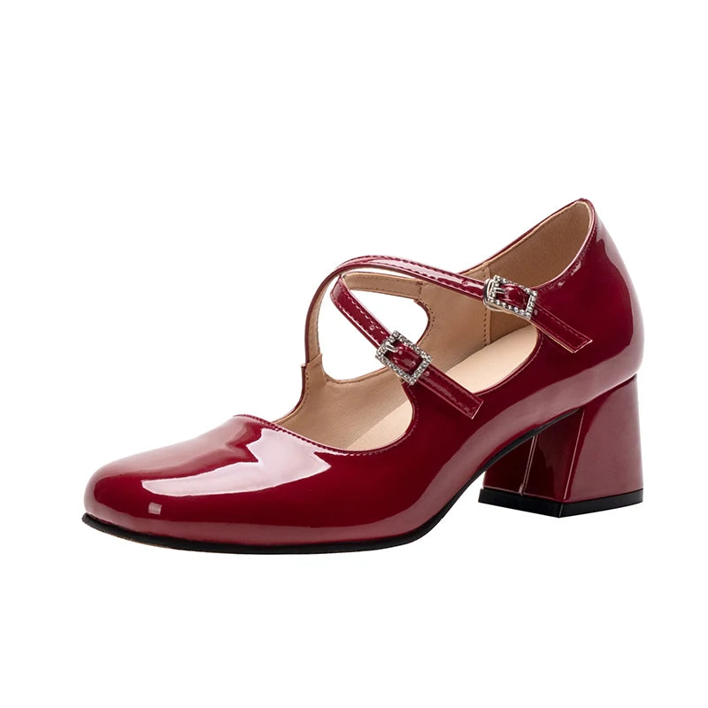 LIZAKOSHT Vintage Mary Jane women's shoes medium heel small leather shoes square head rhinestone cross buckle wine red thick heel shoes