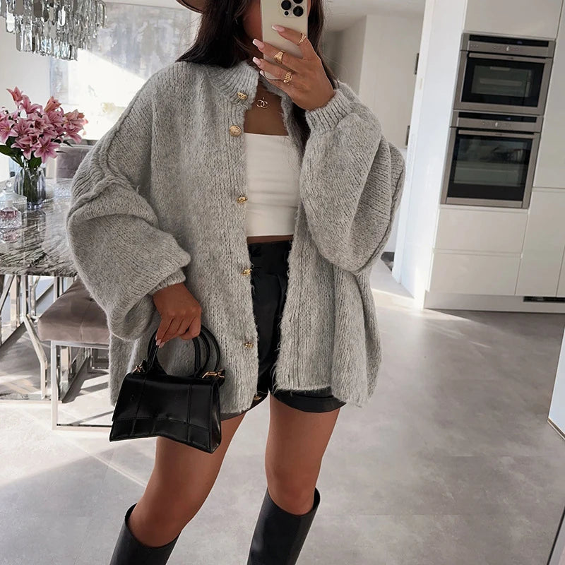 LIZAKOSHT  -  Ladies O Neck Single Breasted Loose Sweater Elegant Batwing Sleeves Solid Color Knitted Coat New Casual Streetwear Warm Cardigan