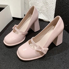 LIZAKOSHT  Sweet Bowknot High Heels Mary Janes Women Cute Round Toe Patent Leather Pumps Woman Slip-On Square Heeled Bow Party Shoes Ladies