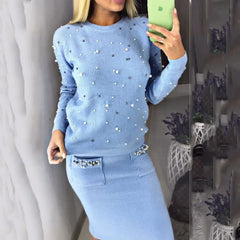 Lizakosht New Winter Autumn Sweater Set for Women O Neck 2 Piece Sets Office Lady Knit Pullover Beading Elastic Waist Skirt Outfits Spring