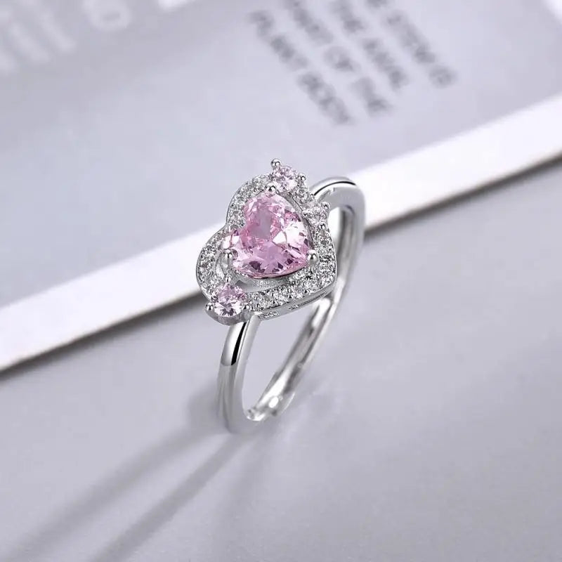 Lizakosht Y2K Pink Crystal Double Heart Ring Vintage Shiny Zircon Opal Love Open Ring for Women Girl Engaged Wedding Jewelry Gifts