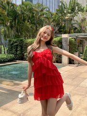 LIZAKOSHT -  Ruffled Red Solid Color Helter Dress Korean Fashion Backless Sleeveless Summer Fashion Short Sexy Dresses