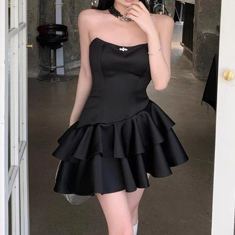 LIZAKOSHT  -  Black Strapless Sweet Satin Dresses Woman Mini Sleeveless Short Dress Coquette Aesthetic Ruffle Bodycone Summer Chic