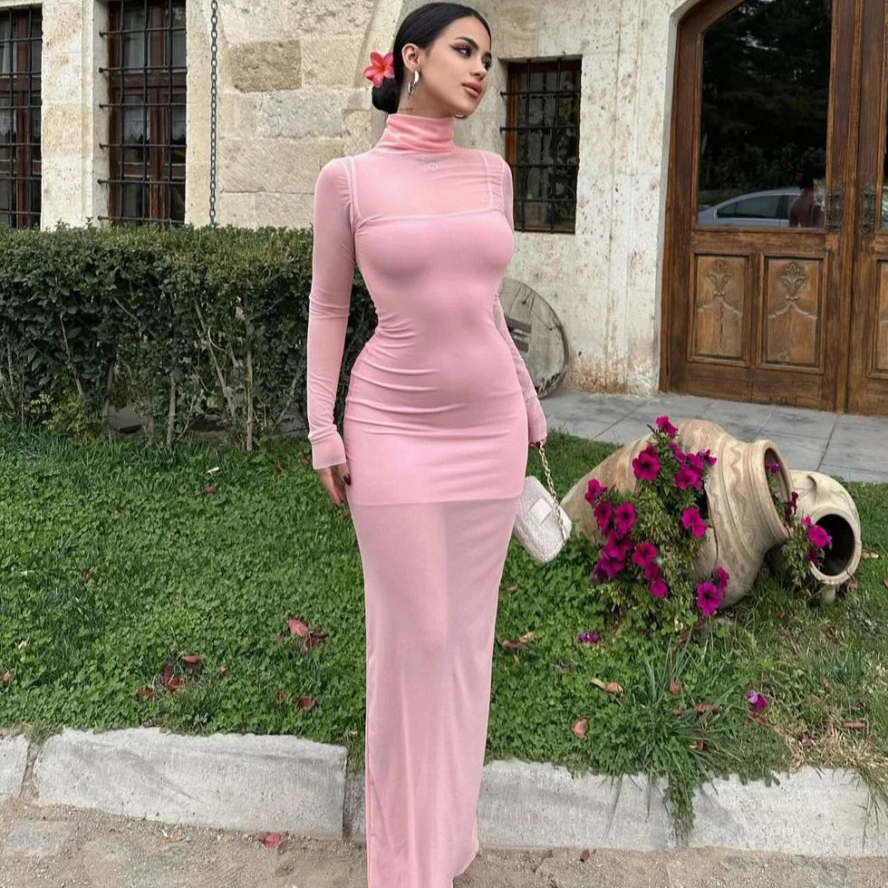 LIZAKOSHT  -  2025 New Spring Sexy Mesh Maxi Dress Women Set 2 Piece Solid Autumn Long Sleeves Slim Dress Fashion Club Elegant Party Dresses