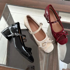 LIZAKOSHT  -  New Designer Mary Jane Shoes Women Sweet Bow Retro High Heels Dress Shoes Elegant Fashion Square Toe Ballet Shoes Pumps Female