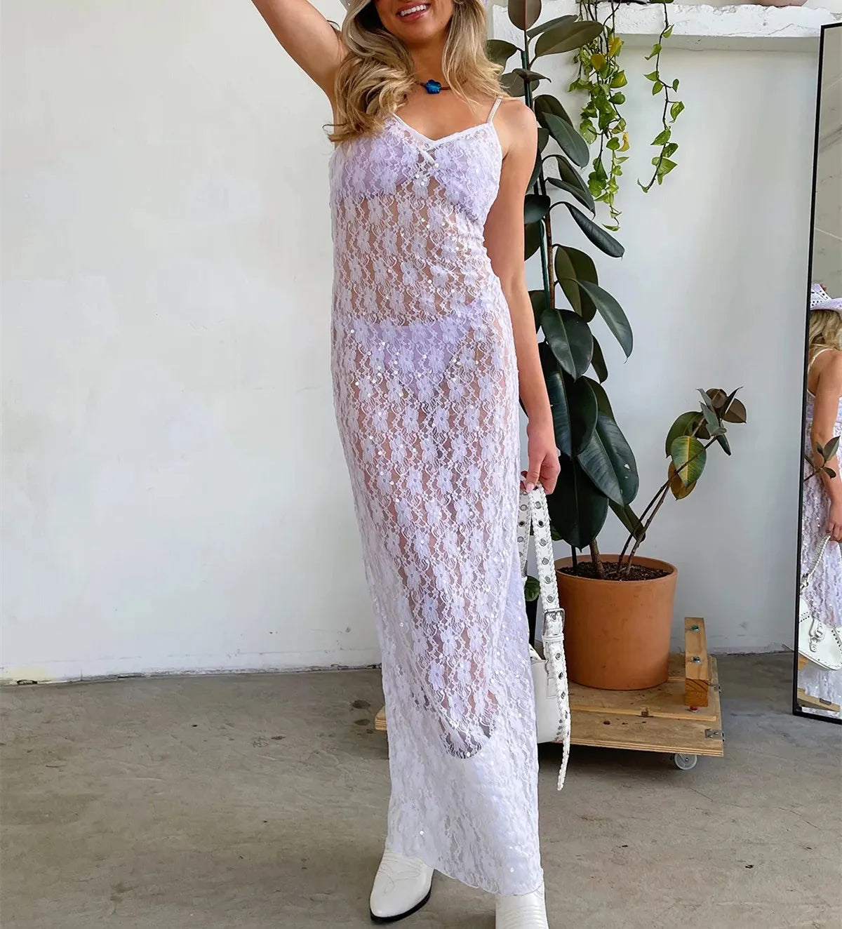 Lizakosht Fairy Coquette Bodycon Long Dress Spaghetti Straps V-neck Backless See-through Lace Slit Summer Maxi Dress Women Vestidos