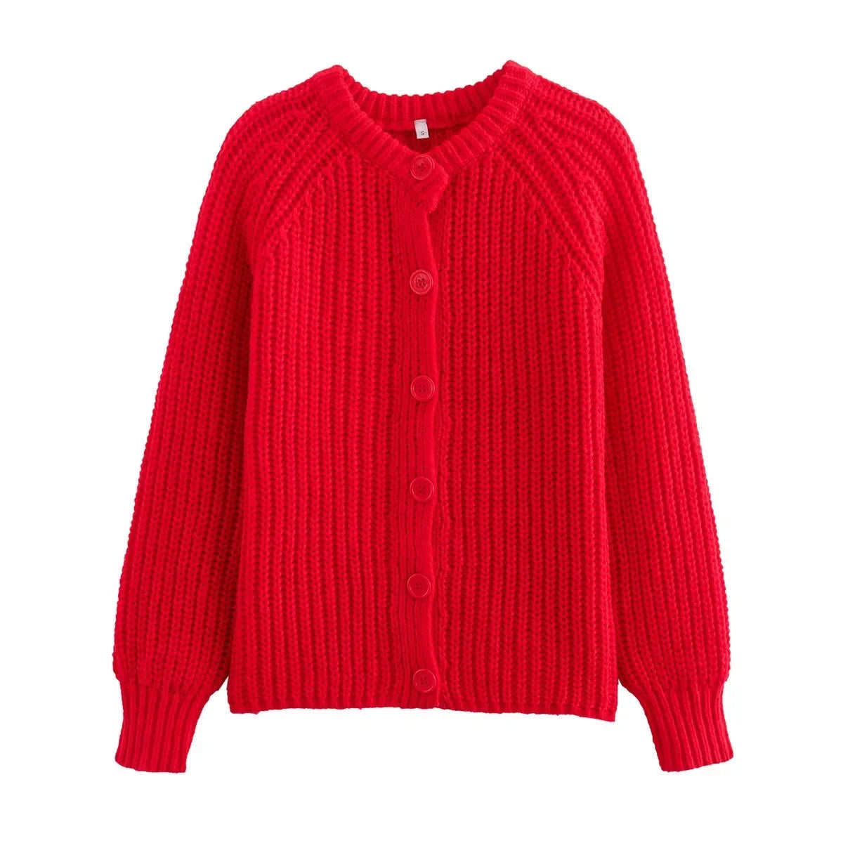 LIZAKOSHT  -  Chic Red Round Neck Loose Knitted Cardigan Women's Casual Single-breasted Long Sleeve Cropped Sweater Lady High Streetwear