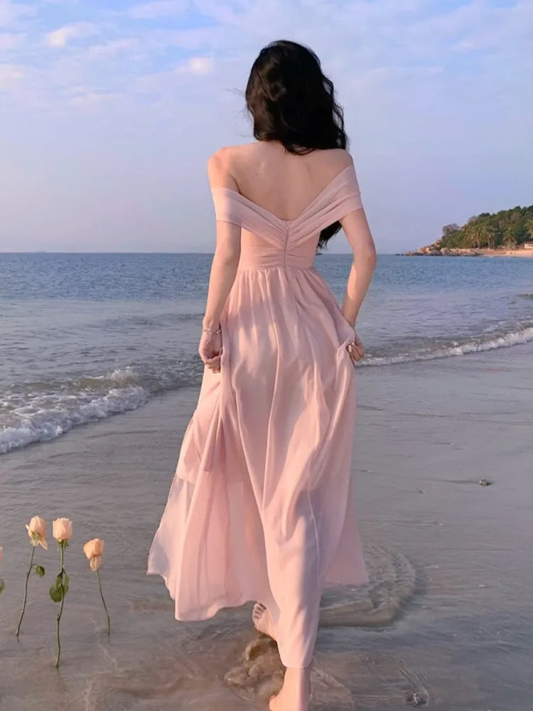 LIZAKOSHT  -  France Elegant Backless Chiffon Beach Dresses Korean Chic A-line Pink Fairy Dress Summer Casual Vocation Party Club Vestidos