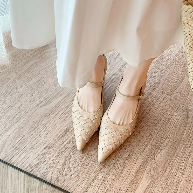 LIZAKOSHT  -  Fashion Pumps New High Quality Genuine Leather Woven Pointed Poe Heels Mary Janes Shoes Daily Commuter Women's Shoes