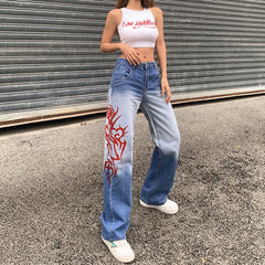 LIZAKOSHT -  Casual Straight Denim Trousers Fashion Pocket Printed High Waist Long Jeans Pants Summer Women Hip Hop Goth Streetwear New