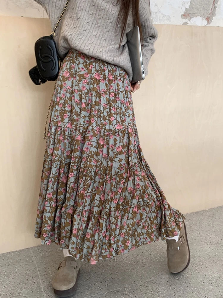 LIZAKOSHT -  Autumn Winter Wrinkled Floral Pleated Skirt Women Korean Style Casual High Waisted A-Line Midi Long Skirts Maxi falda plisada