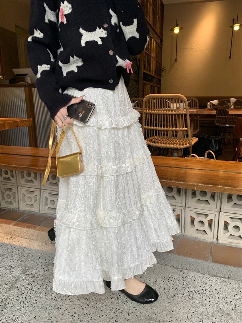 LIZAKOSHT  -  White Cake Long Skirts Sweet Women Patchwork Ruffles Chic 2024 Loose New Spring Casual Sweaters Mujer Office Lady