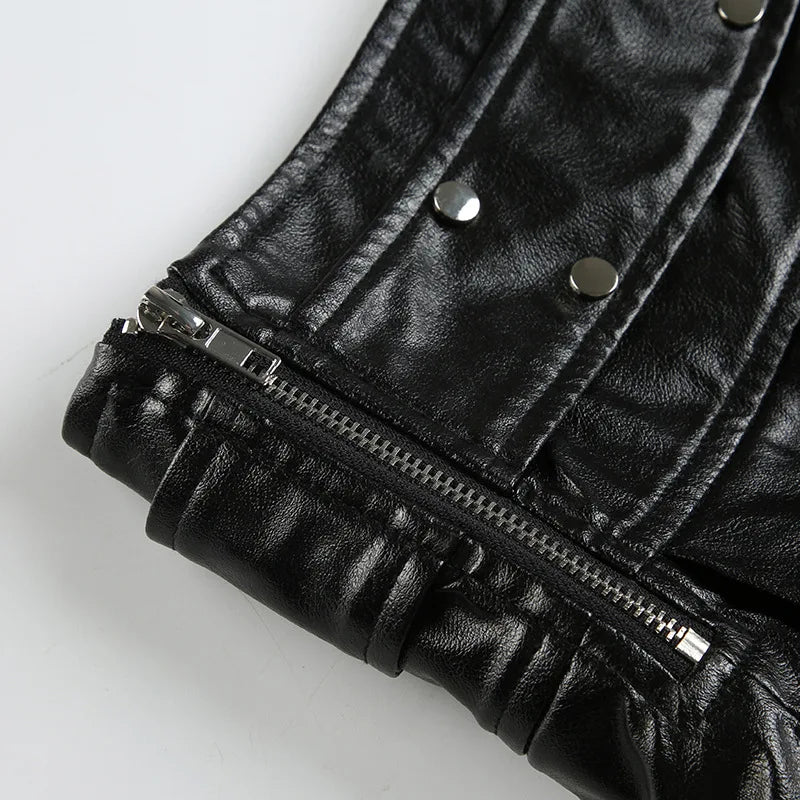 LIZAKOSHT  -  Y2K Rivet PU Leather Mini Skirt Hot Girl Pleated Skirt Punk Zipper Low Waist Black Party Club Skirt Female Autumn Fashion