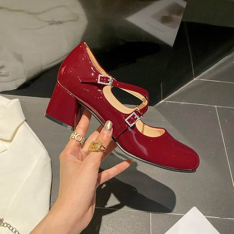 LIZAKOSHT Vintage Mary Jane women's shoes medium heel small leather shoes square head rhinestone cross buckle wine red thick heel shoes