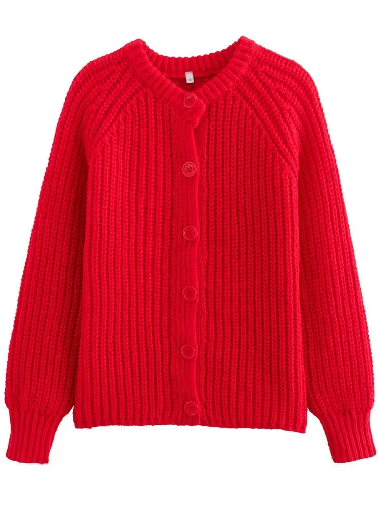 LIZAKOSHT  -  Chic Red Round Neck Loose Knitted Cardigan Women's Casual Single-breasted Long Sleeve Cropped Sweater Lady High Streetwear