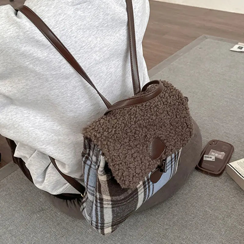 LIZAKOSHT  -  Retro Lamb Wool Backpack for Women's Autumn/Winter New Checkered High Quality Backpacks