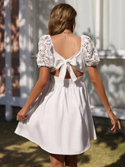 LIZAKOSHT  -  Summer White Puff Sleeve Cutout Flower Dress Sexy Backless Bow Square Neck High Waist Bandage Dresses Vestidos Party Dress