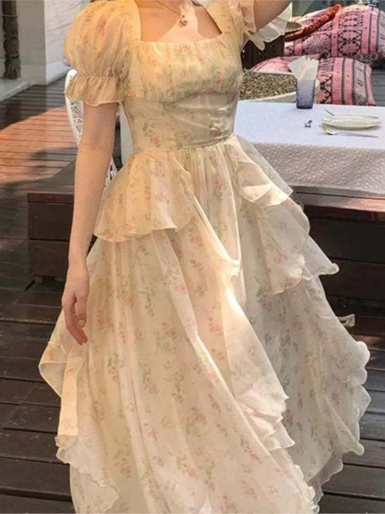 LIZAKOSHT  -  One Piece Dress Korea Fairy Floral Midi Dress Women Puff Sleeve Elegant Vintage Dress Female Party Dress Office Lady 2023 Summer