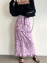 Lizakosht Midi Long Skirts Womens Printing Skirt Summer Korean Casual High Waist High Low Ruched Ruffle Skirts rok