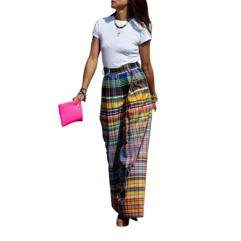 LIZAKOSHT  -  New Stylish Checkerboard Printed Wide Leg Pants New Summer High Waist Zipper Casual Office Trousers For Women