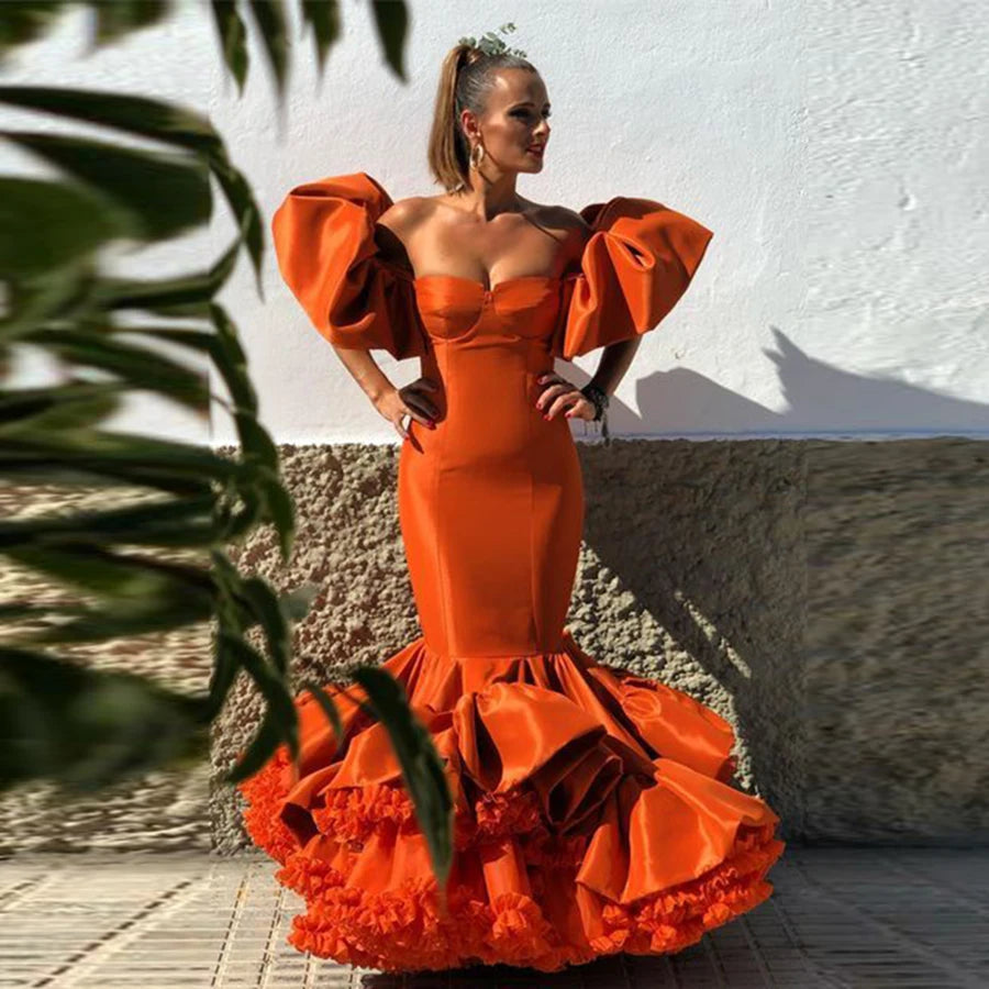 LIZAKOSHT  -  Orange Off The Shoulder Prom Dresses Tiered Ruffles Mermaid Evening Gowns Women Formal Occasion Party Dress Robe De Soiree