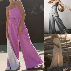LIZAKOSHT  -  Strapless Tube Jumpsuit Sleeveless Solid Color Adjustable Drawstring Playsuit Elastic Waistband Slouchy Wide Legs Romper YDL44
