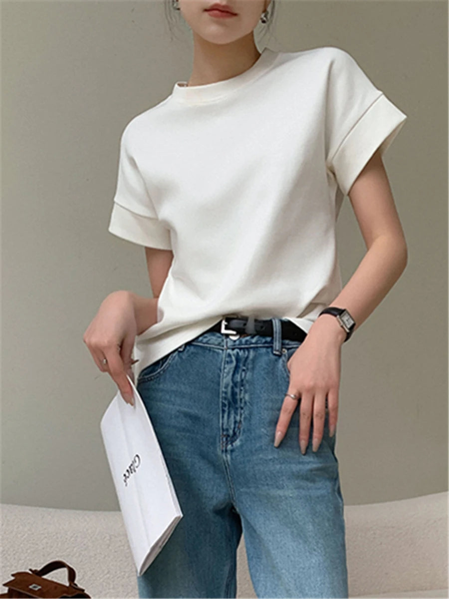 LIZAKOSHT  -  T-shirts Women Summer 2023 New Fashion Elegant Korean Chic O-neck Short Sleeve Ladies White Loose Tops Female Casual Tees