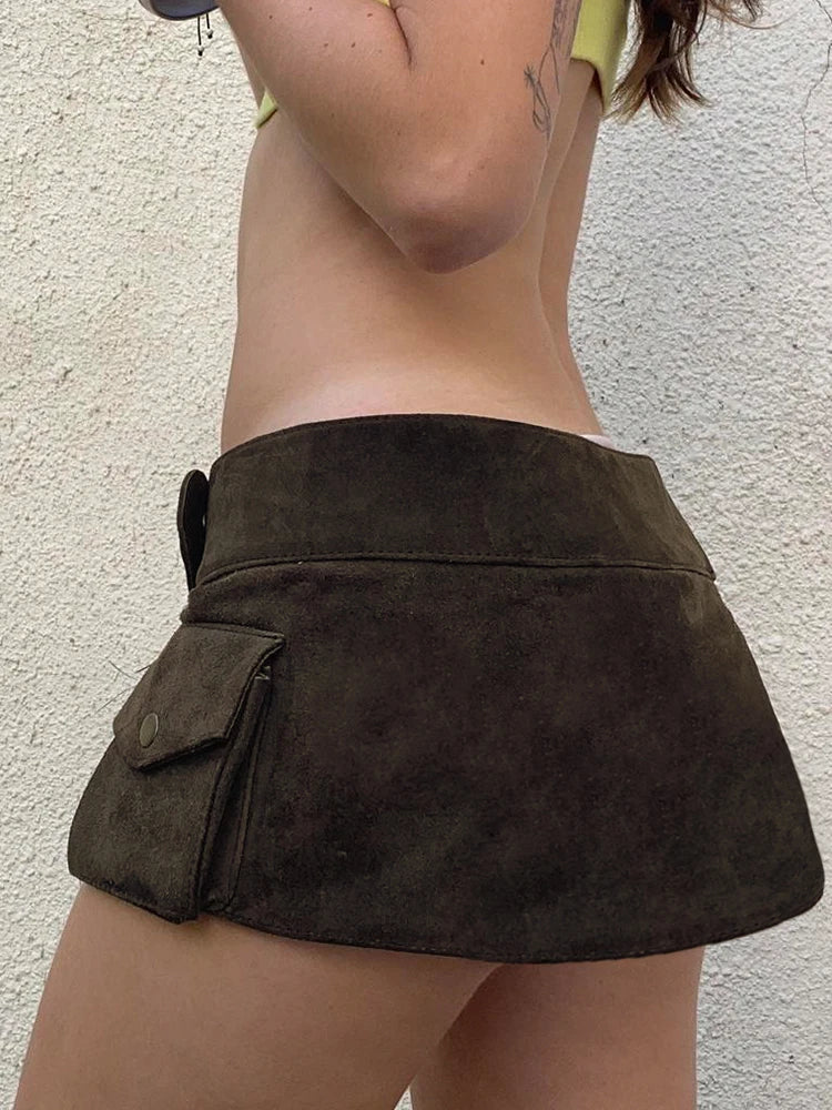 LIZAKOSHT  -  New Vintage Suede Short Skirt Streetwear Sexy Mini Skirts Y2k Aesthetic Low Waist Rivet Skirts Korean Clothing