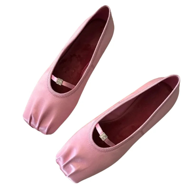 LIZAKOSHT  -  Square Toe Pleated Ballet Shoe Women Solid Color Shallow All-matching Female Mary Janes Shoes Leisure Outdoor Flat Girls Shoes