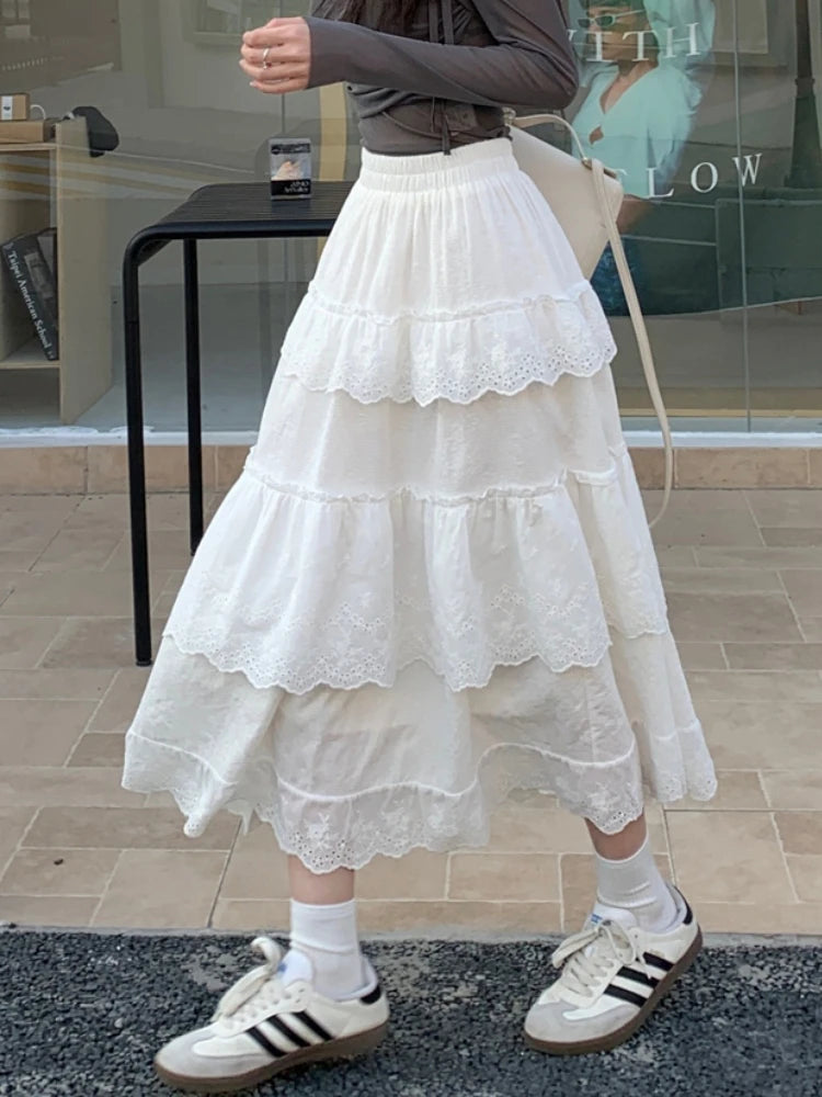 Lizakosht White Black Midi Long Skirt Women A-Line Skirt 2024 Goth Lolita Spring Summer High Waisted High Low Ruched Ruffle Skirts rok