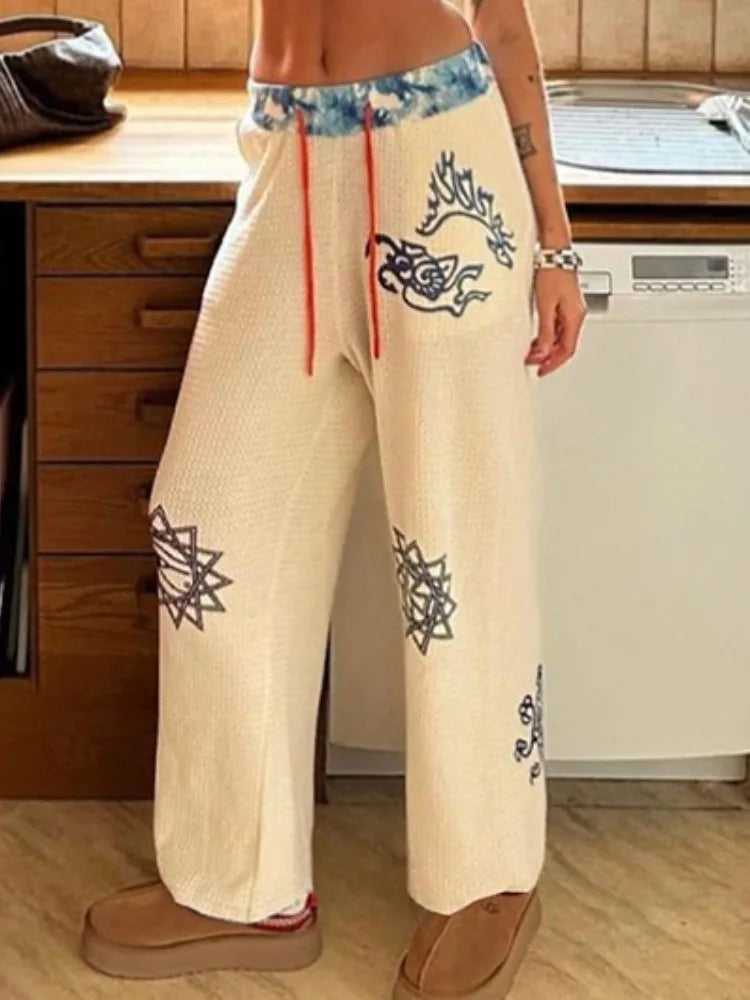 LIZAKOSHT  -  Y2k Aesthetic Streetwear Print Straight Pant Women Casual Patchwork Pantalon Personality Drawstring Grunge Wide Leg Trousers