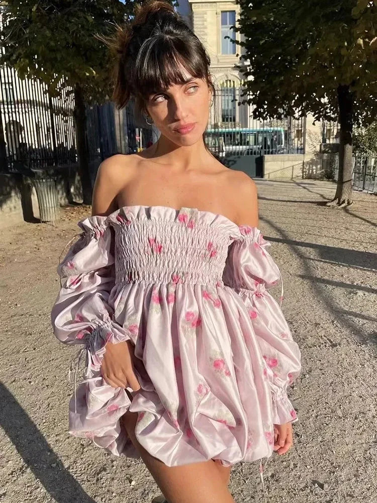 LIZAKOSHT  Floral Printed Pink Satin Short Summer Dress Women Spring Off Shoulder Boho Party Beach Vestidos Long Sleeve Sundress