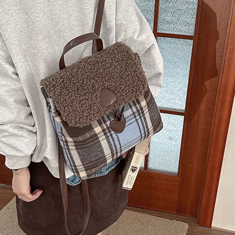 LIZAKOSHT  -  Retro Lamb Wool Backpack for Women's Autumn/Winter New Checkered High Quality Backpacks