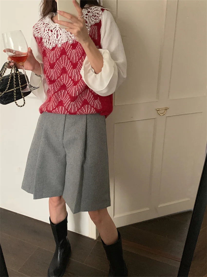 LIZAKOSHT  -  Vintage Wide Leg Shorts Women Chic Office Lady Peter Pan Collar Shirts Autumn Elegant Knitted Sweet Sweaters Vest