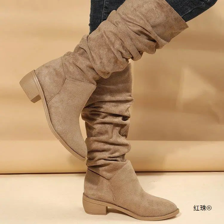 LIZAKOSHT  -  British Style Chunky Heel Pointy Toe Western Biker Boots Riding Boots New Suede Midi Boots Plus Size Ladies Boots