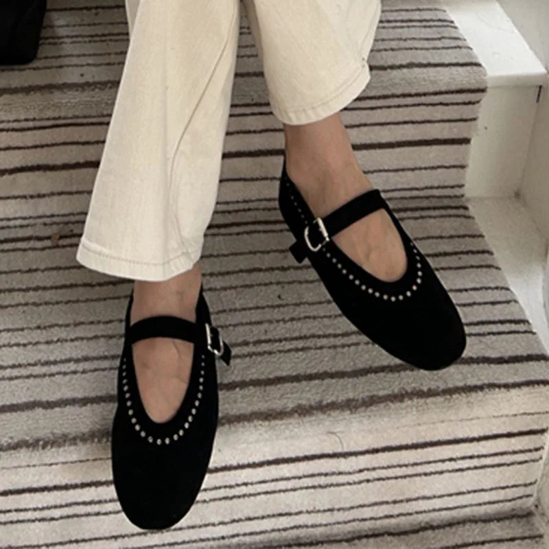 LIZAKOSHT  -  Round Toe Ladies Ballet Flats Back Strap Women Lolita Casual Outside Autumn Fashion Brand Rivet Shoes Suede Mary Jane Mujer