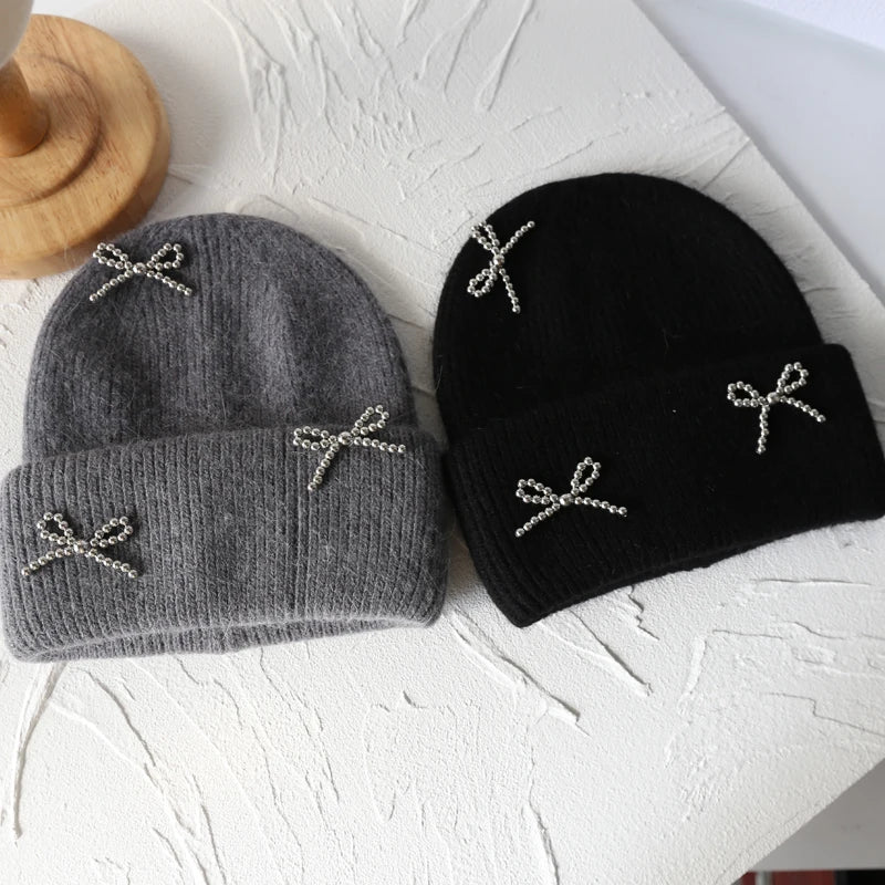Lizakosht New Angora Rabbit Fur Bow Winter Hat for Women Knitted Fluffy Beanie Ladies Fashion Warm Plush Skull Womens Thick Fleece Hat y2k