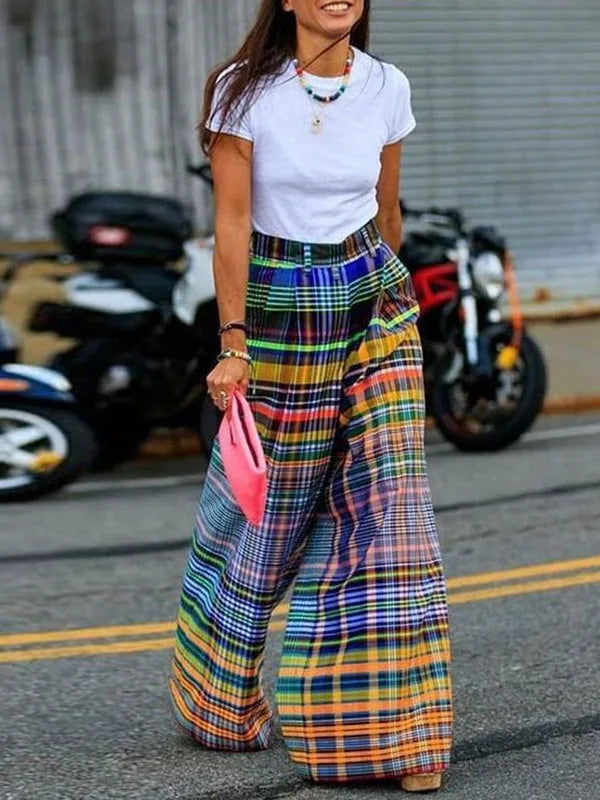 LIZAKOSHT  -  New Stylish Checkerboard Printed Wide Leg Pants New Summer High Waist Zipper Casual Office Trousers For Women