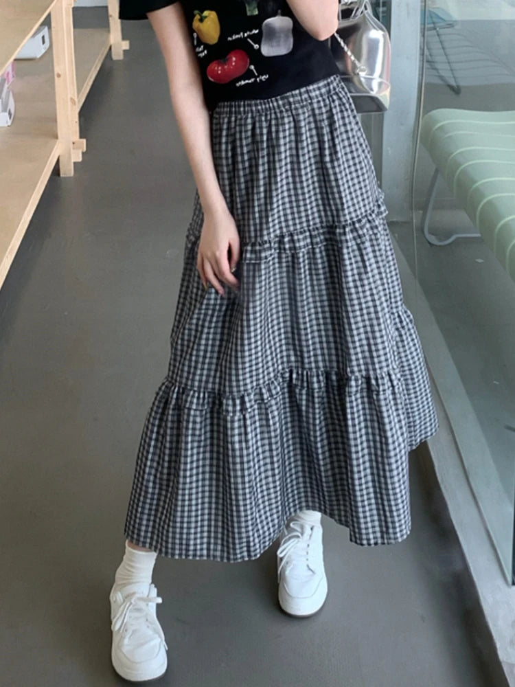 Lizakosht Midi Long Skirts Womens Plaid Skirt Korean Style Casual Summer High Waisted High Low Ruched Ruffle Skirts rok