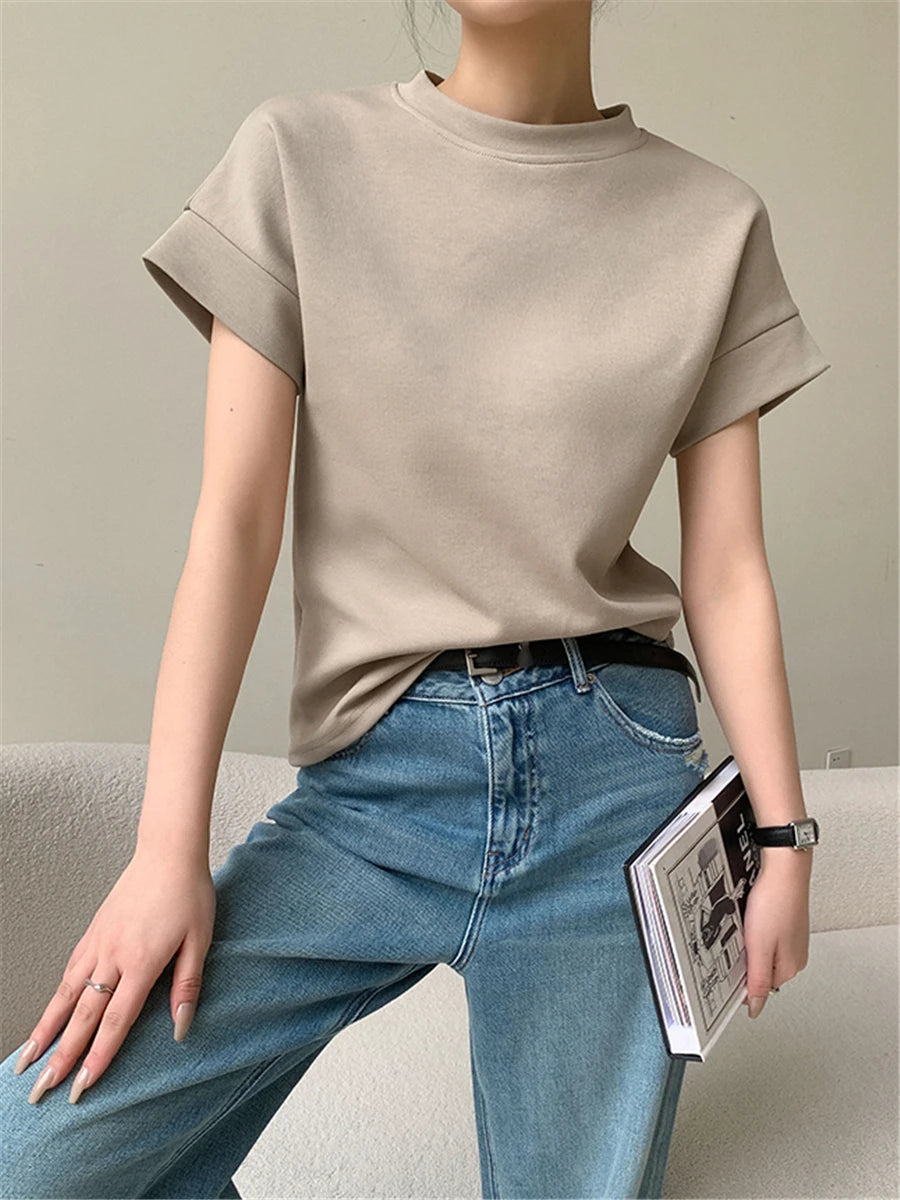 LIZAKOSHT  -  T-shirts Women Summer 2023 New Fashion Elegant Korean Chic O-neck Short Sleeve Ladies White Loose Tops Female Casual Tees