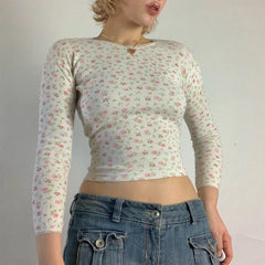 LIZAKOSHT  -  Y2K Aesthetic Lace Trim Kawaii Crop Tops Fairycore Floral Print T-Shirts Spring Long Sleeve Slim Fit Tops Tees 00s Retro Clothes