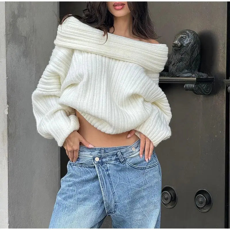 LIZAKOSHT  -  Women Sexy Solid One Neck Ribbed Sweater Fashion Off Shoulder Long Sleeve Knitted Pullover Autumn Lady Chic Street Knitwear