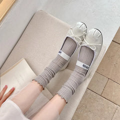 Lizakosht Kawaii Cute Ruffle Socks Women Summer Thin Mesh Breathable Loose Long Socks Ballet Style Solid Color Black White Socks